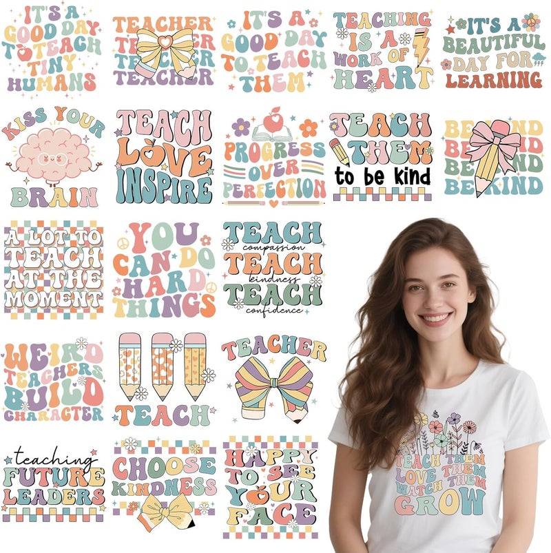 Shejdgart Dtf Transfers Ready to Press - 20 Pcs Teacher Iron on Patches for T-Shirts, Colorful Bow Daisy Heat Transfer Designs Vinyl Stickers, Inspirational Iron on Decals for DIY Clothes Bags - Image 1